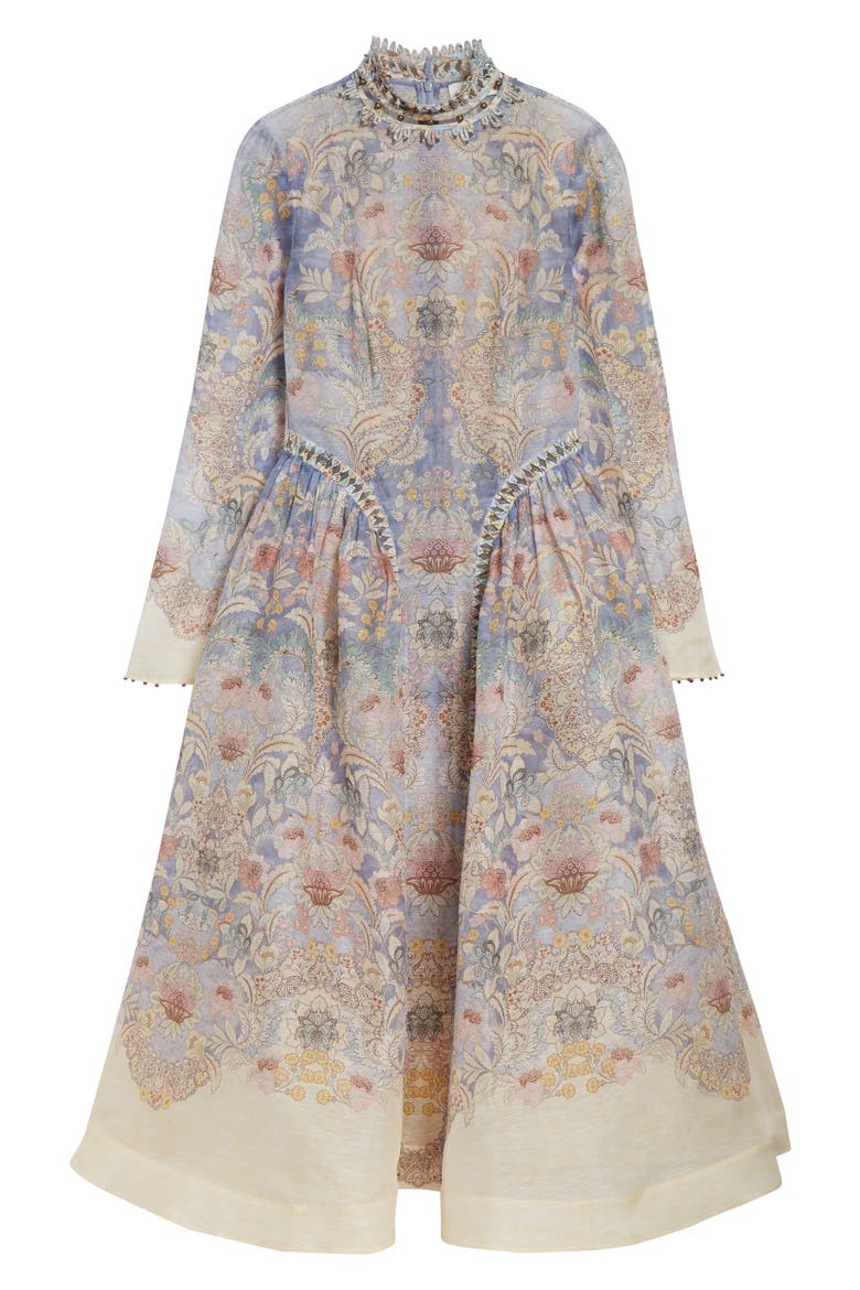 Rebellion Long Sleeve Beaded Linen & Silk Midi Dress, Alternate, color, BLUE FLORAL