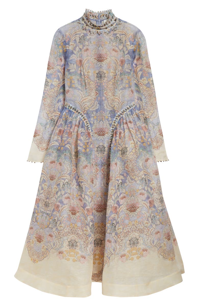Zimmermann Rebellion Long Sleeve Beaded Linen & Silk Midi Dress, Alternate, color, Blue Floral