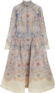 Zimmermann Rebellion Long Sleeve Beaded Linen 
Silk Midi Dress
