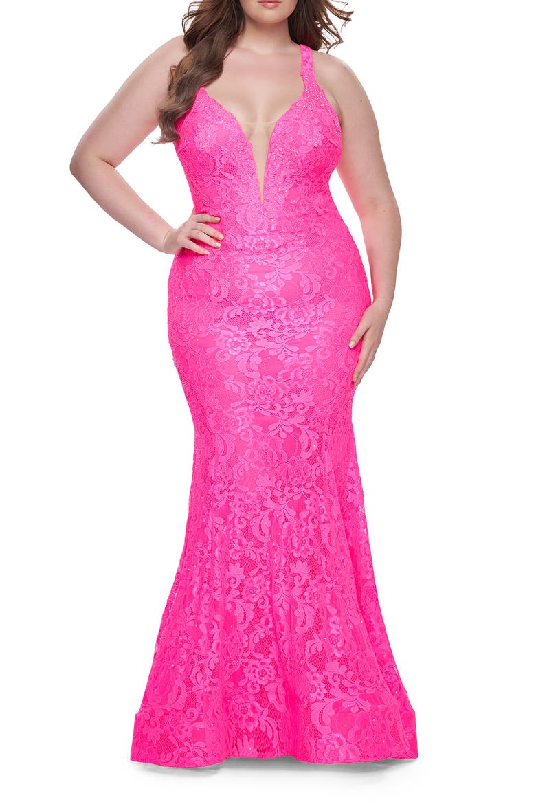 Mermaid Lace Plus Size Prom Dress with Deep V, Main, color, Neon Pink