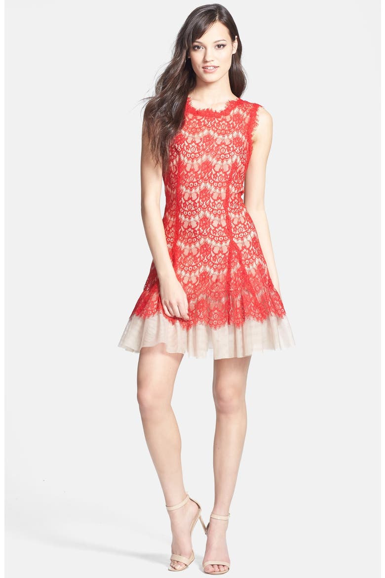 Sleeveless Lace Fit & Flare Dress, Alternate, color, RED/ TAUPE