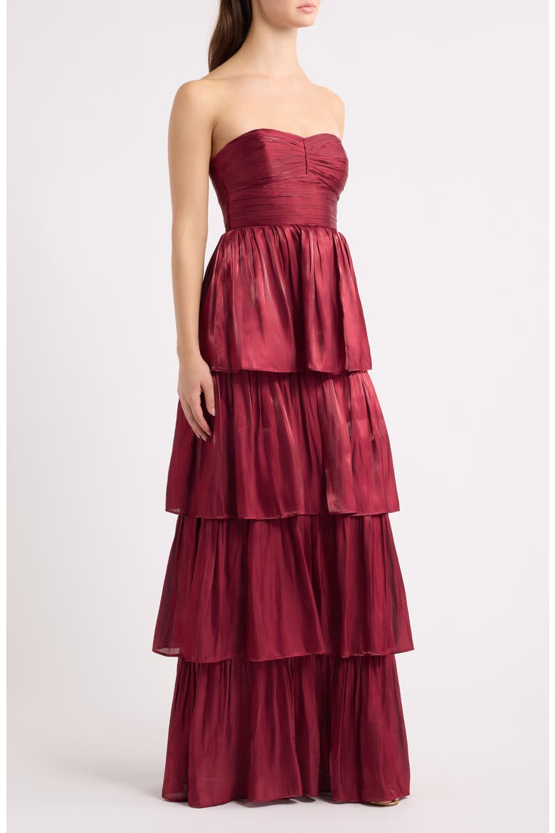 Bella Strapless Tiered Satin Gown, Alternate, color, BURGUNDY