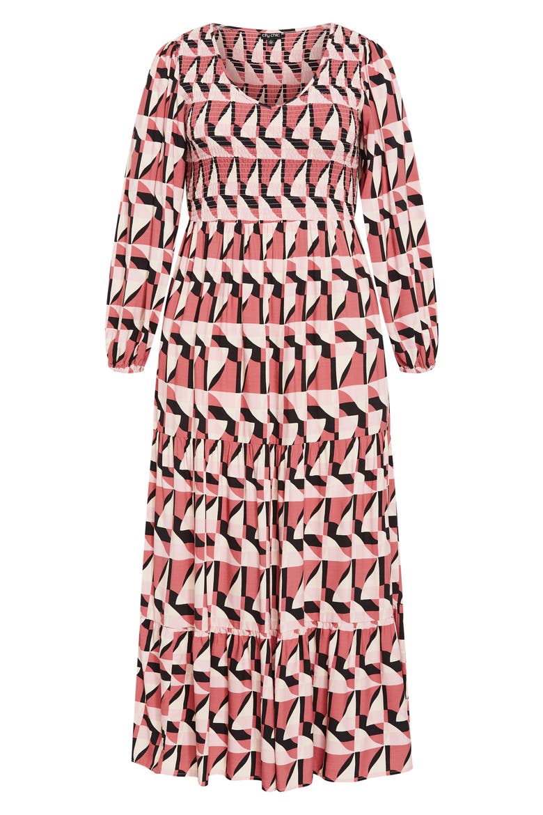 Adley Printed Smocked Bodice Long Sleeve Maxi Dress, Alternate, color, GEO PRINT