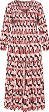 City Chic Adley Printed Smocked Bodice Long Sleeve Maxi Dress