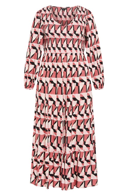 City Chic Adley Printed Smocked Bodice Long Sleeve Maxi Dress In Pink