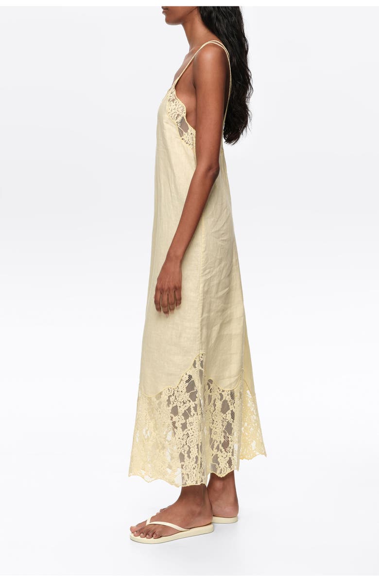 Bimba y Lola Washed Linen Lace V-Neck Midi Dress, Alternate, color, Light Yellow