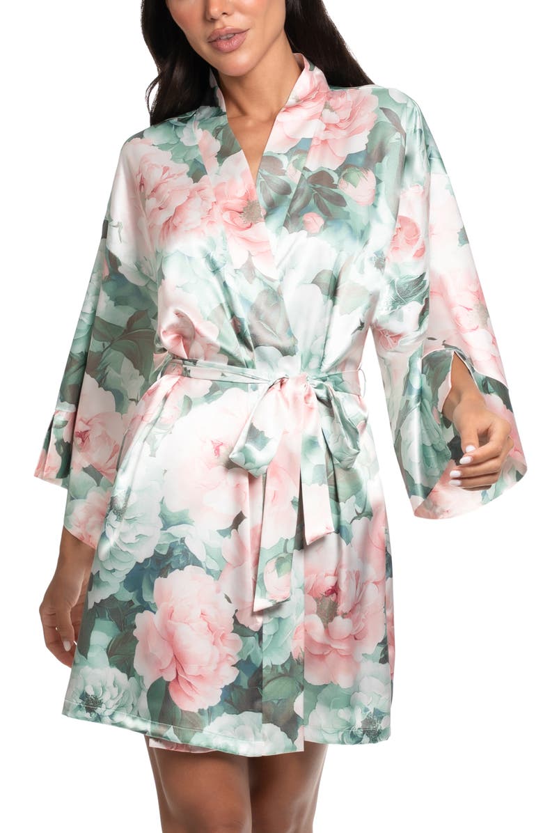 In Bloom by Jonquil Gracie Lace Trim Satin Robe, Main, color, Jade Frost