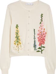 Oscar de la Renta Foxglove Embroidered Virgin Wool Cardigan