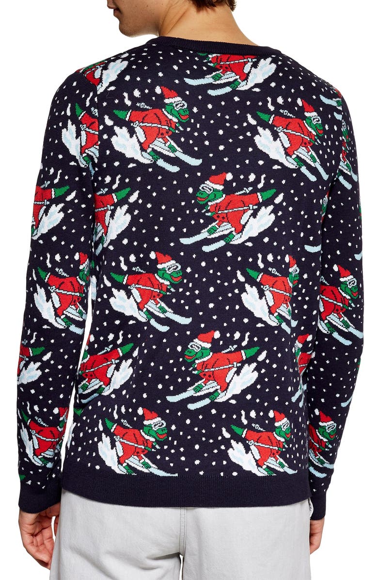 Topman Skiing Dinosaurs Holiday Sweater, Alternate, color,