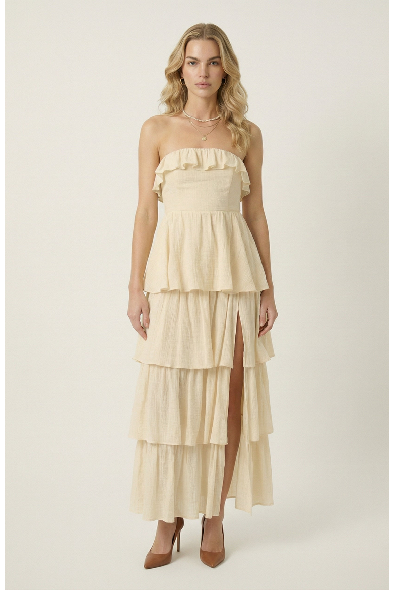 Strapless Tiered Ruffle Maxi Dress with High Slit, Main, color, Cream