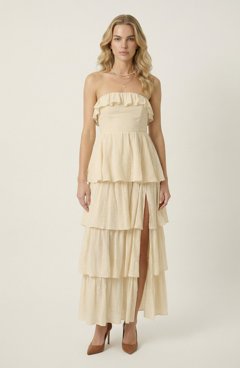 Modenaire Strapless Tiered Ruffle Maxi Dress with High Slit, Main, color, Cream