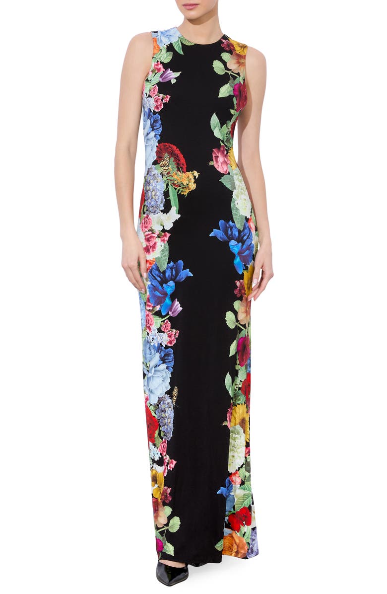 Alice + Olivia Delora Placed Floral Open Back Maxi Dress, Main, color, 