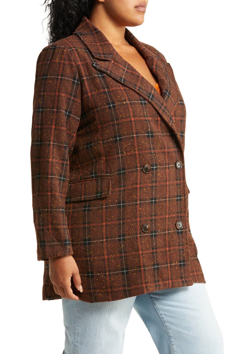 Plaid Double Breasted Blazer Coat, Alternate, color, BROWN- BLACK DONEGAL