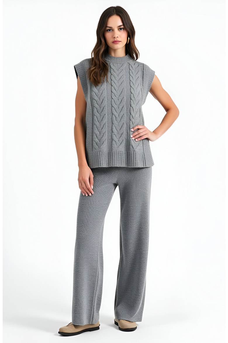 Cable Knit Cap Sleeve Sweater Vest and Wide Leg Pants Set, Main, color, Grey