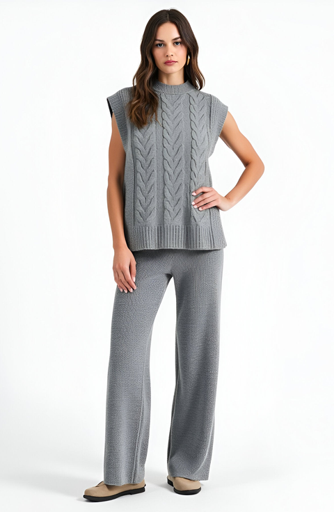 Cable Knit Cap Sleeve Sweater Vest and Wide Leg Pants Set