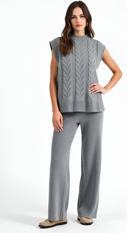 Modenaire Cable Knit Cap Sleeve Sweater Vest and Wide Leg Pants Set