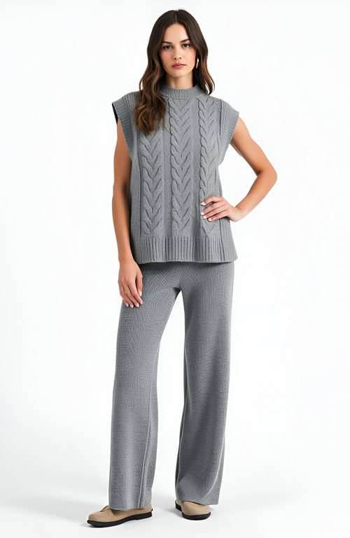 Modenaire Cable Knit Cap Sleeve Sweater Vest and Wide Leg Pants Set in Grey  product