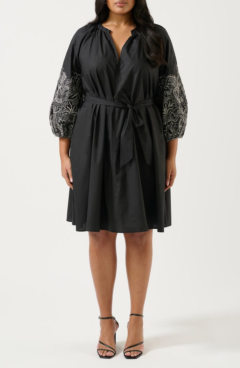 Estelle Cala Embroidered Sleeve Tie Waist Dress, Main, color, Black