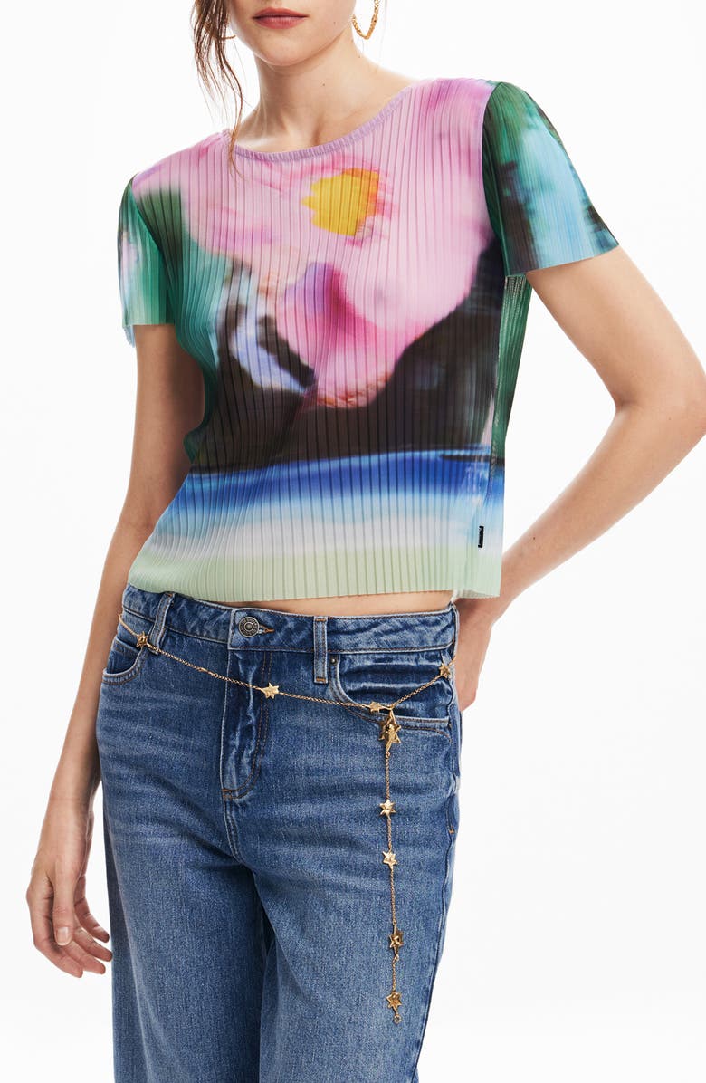 Desigual Plisa Floral Pleated Top, Main, color, Green