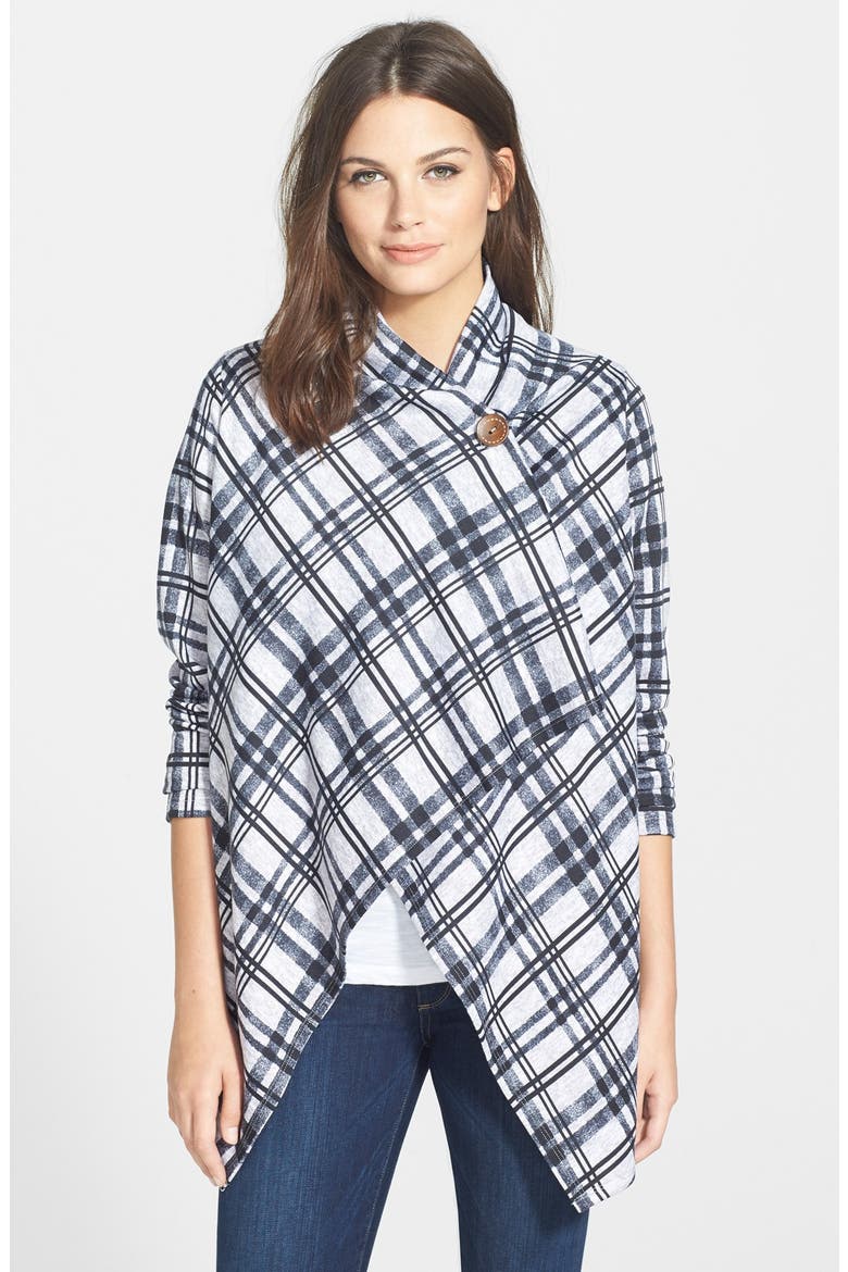 One-Button Print Fleece Cardigan, Main, color, GREY/ BLACK PLAID