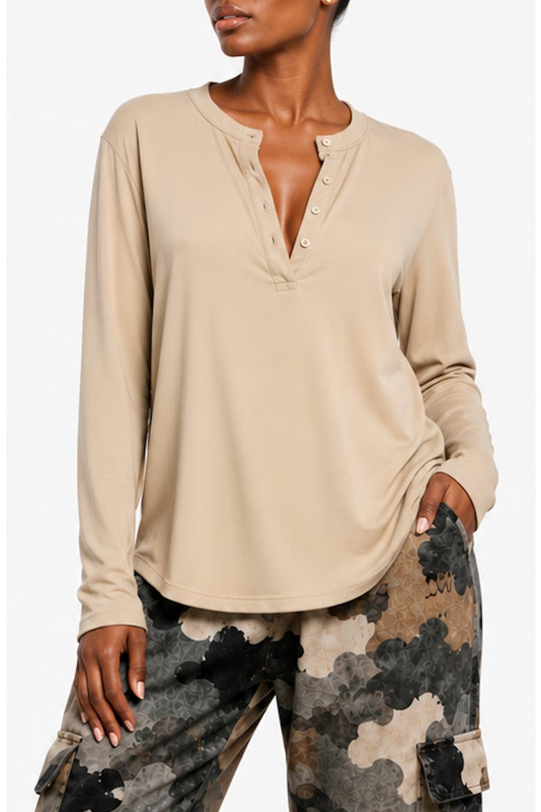 Button Up Long Sleeve T-Shirt, Main, color, BEIGE