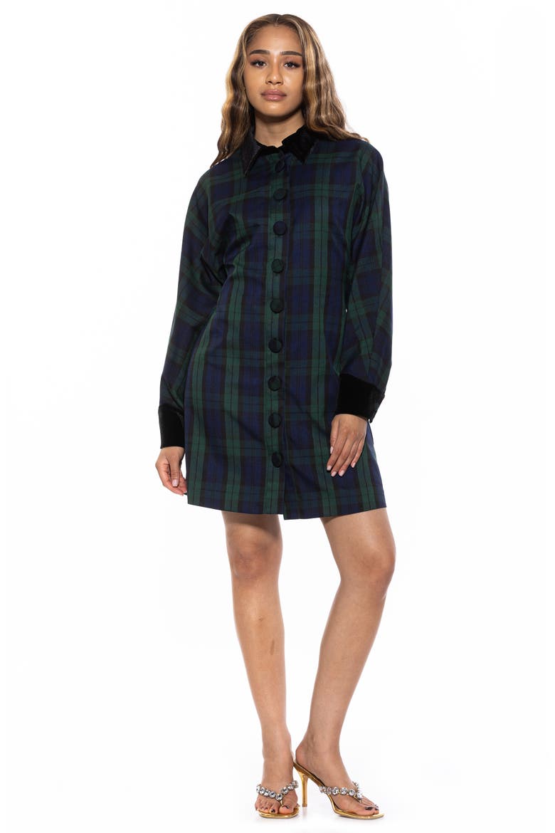 Velvet Trim Long Sleeve Shirtdress, Alternate, color, GREEN PLAID