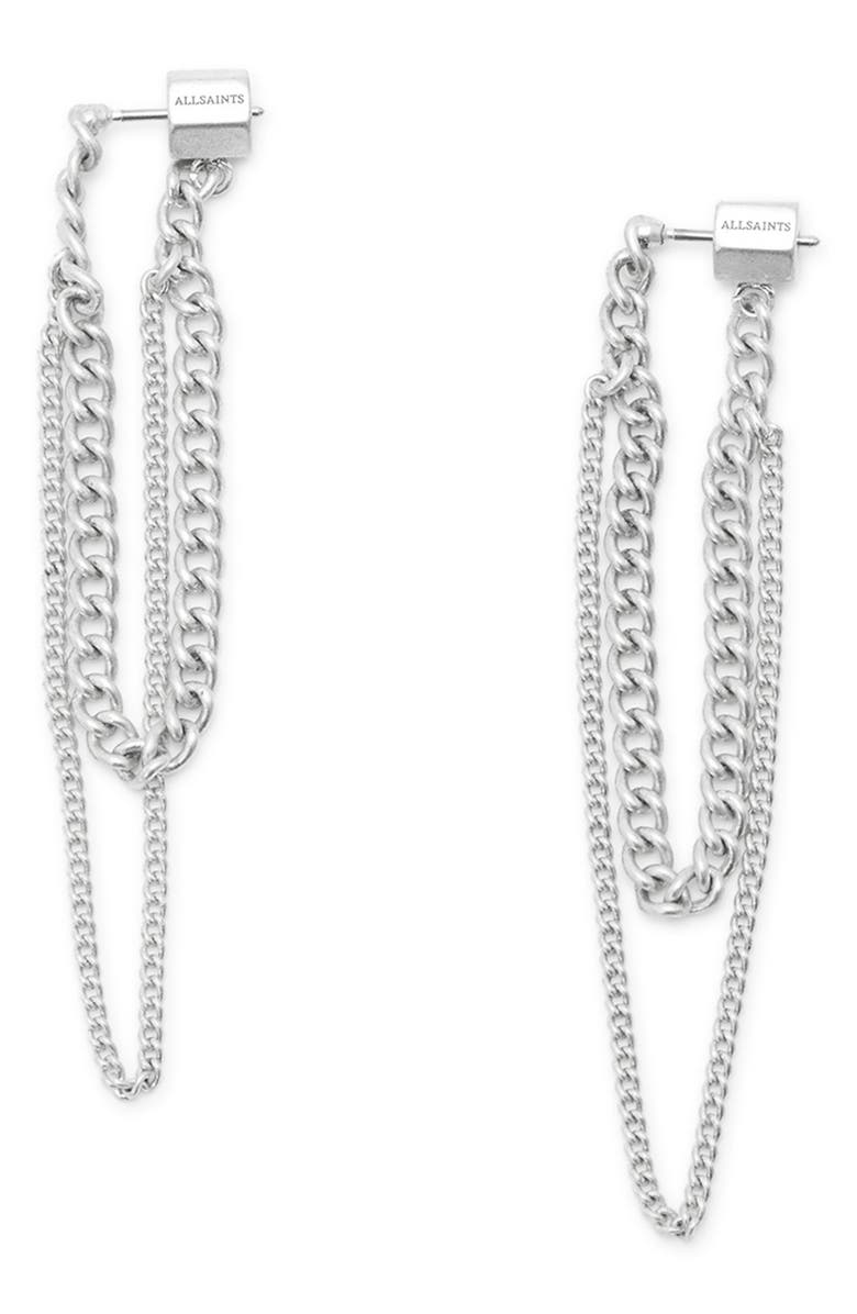 AllSaints Front/Back Curb Chain Earrings, Main, color, Rhodium