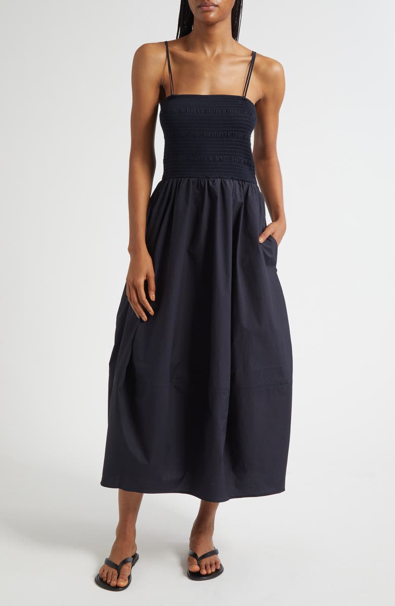 COS Lotta Smocked Cotton Midi Dress, Main, color, Blue Dark