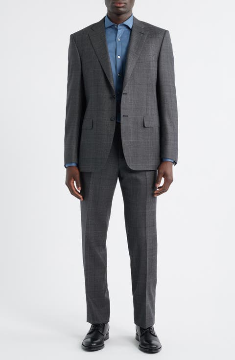 Siena Regular Fit Charcoal Grey Glen Plaid Super 130s Wool Suit (Regular, Short & Long)