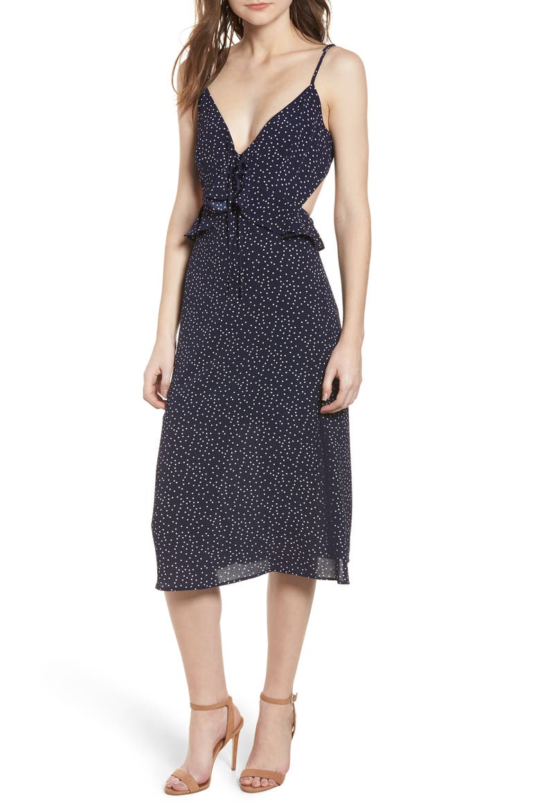 Ruffle Tie Back Midi Dress, Main, color, NAVY