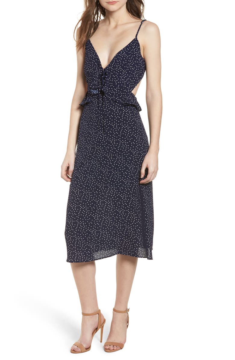 Row A Ruffle Tie Back Midi Dress, Main, color,