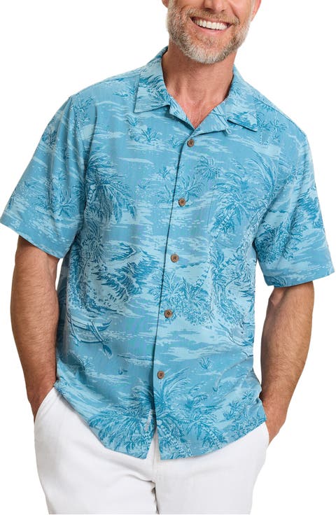 Coastal Ease IslandZone® Palms Print Camp Shirt (Big & Tall)