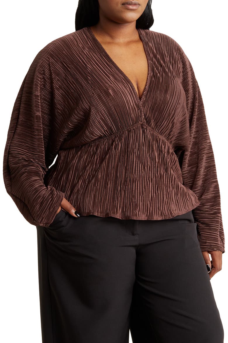 Plissé V-Neck Top, Main, color, BROWN