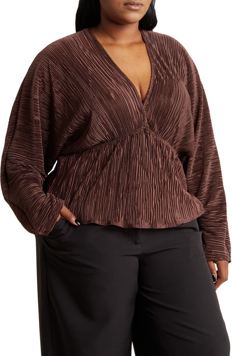 Renee C Plissé V-Neck Top, Main, color, Brown