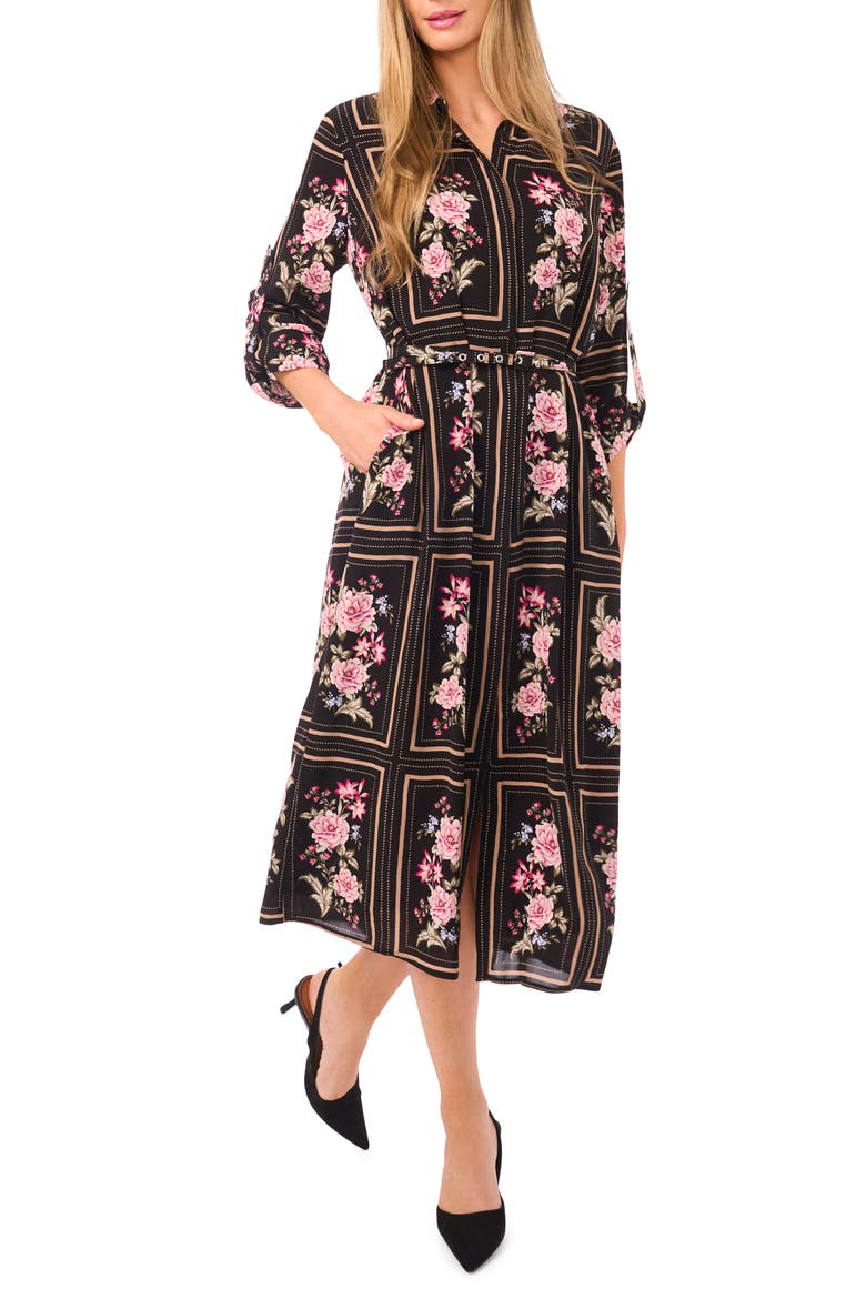 Mina Floral Print Midi Dress, Main, color, RICH BLACK