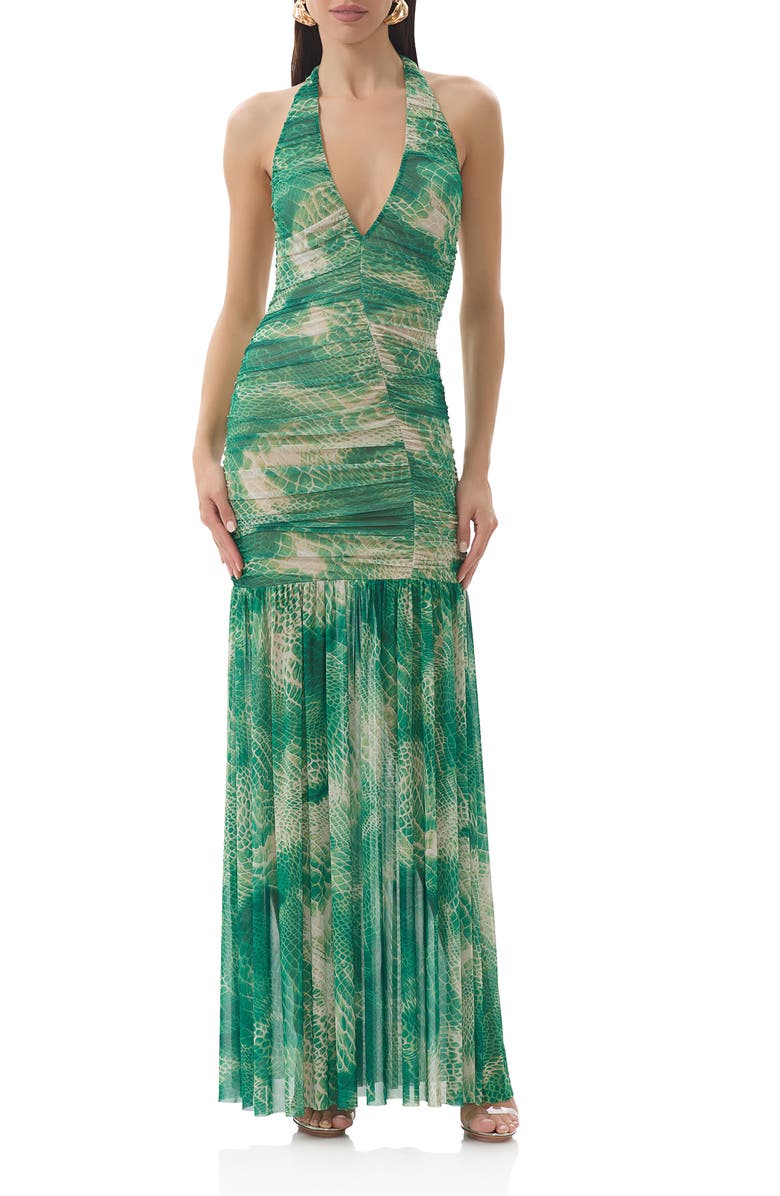 AFRM Lapointe Snakeskin Print Halter Dress, Main, color, Green Snake