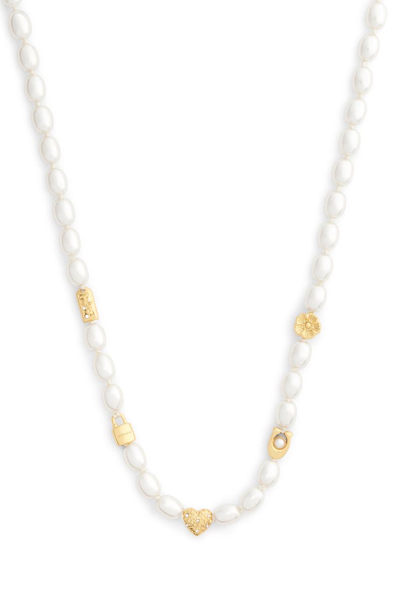 COACH Iconic Faux Pearl Beaded Station Necklace, Alternate, color,
