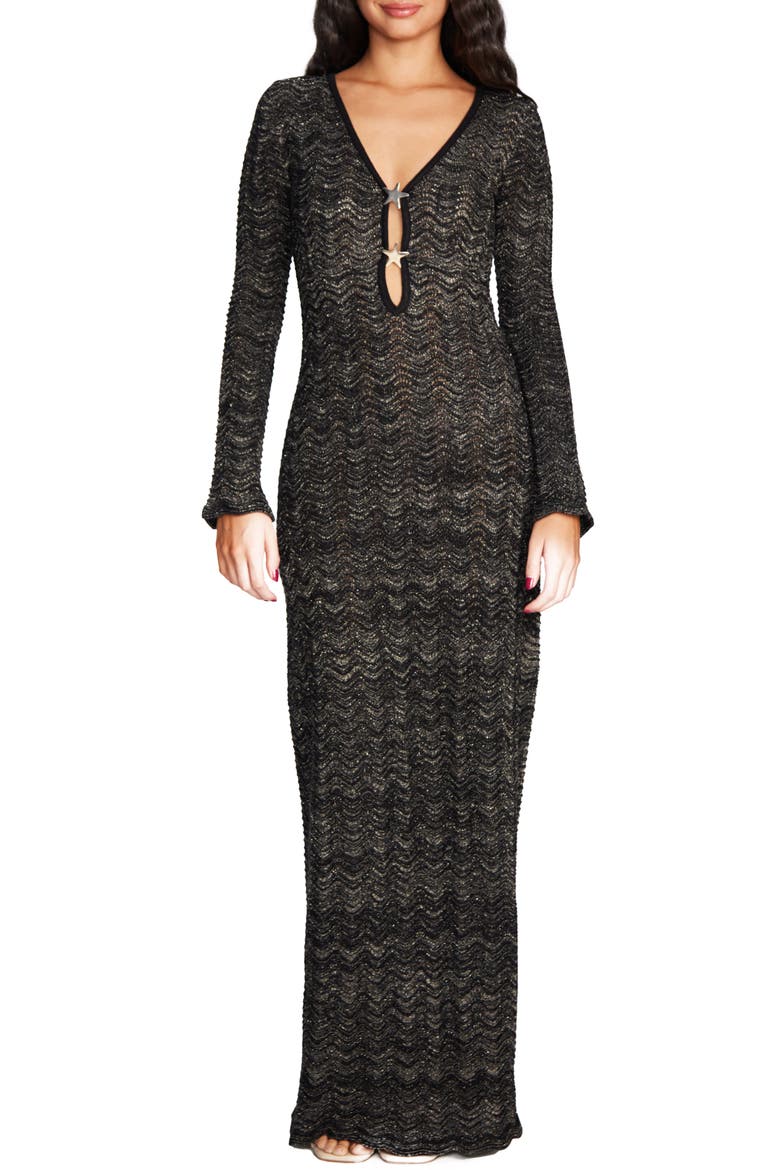 Ella Star Metallic Long Sleeve Cover-Up Maxi Dress, Main, color, BLACK