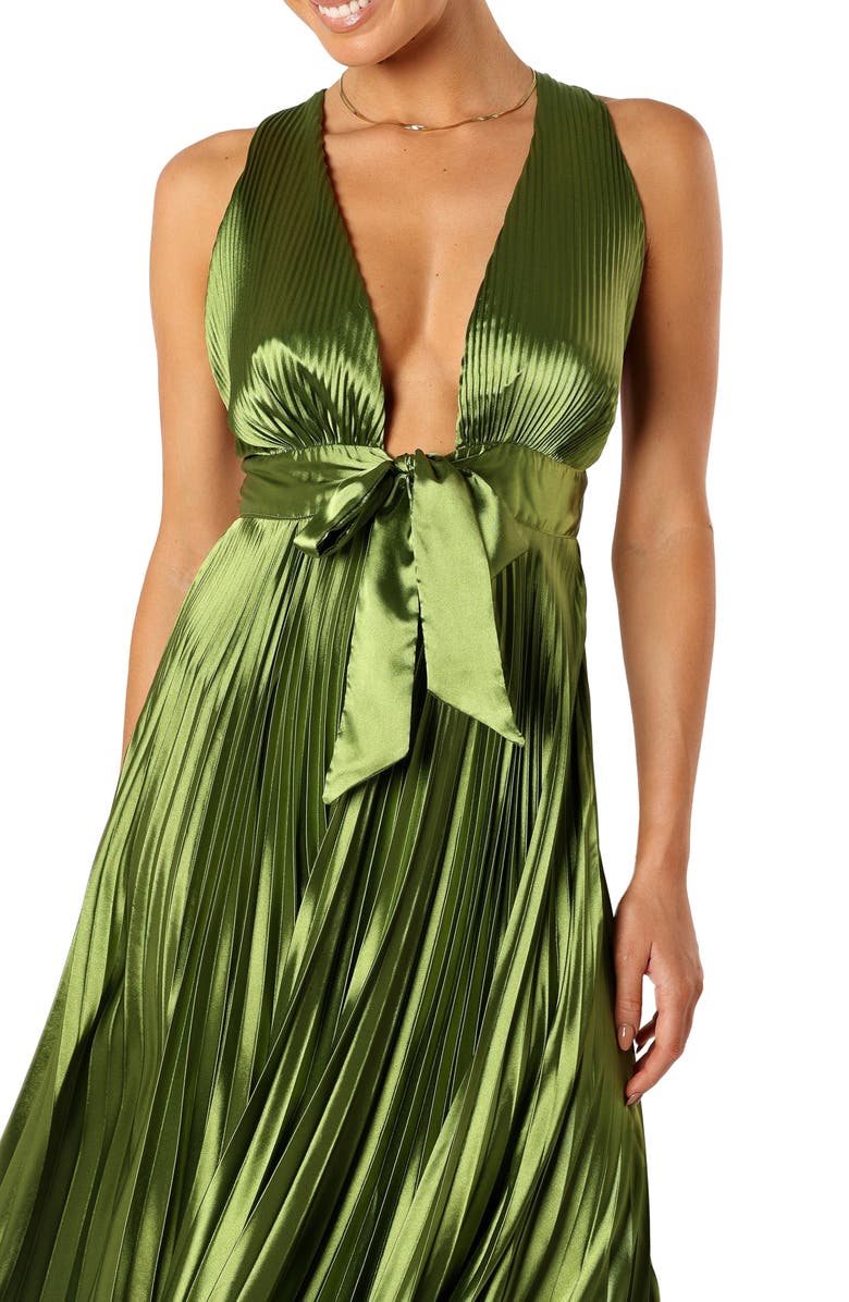 Petal & Pup Kris Plunge Neck Pleated Satin Gown, Alternate, color, Martini Olive