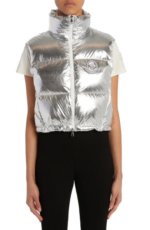 ベスト・ジレ MONCLER Women Vests 598DD 1A000 05 M90 SILVER Silver Pinchot Lamé Down Gilet - Vests for Women | Moncler AU