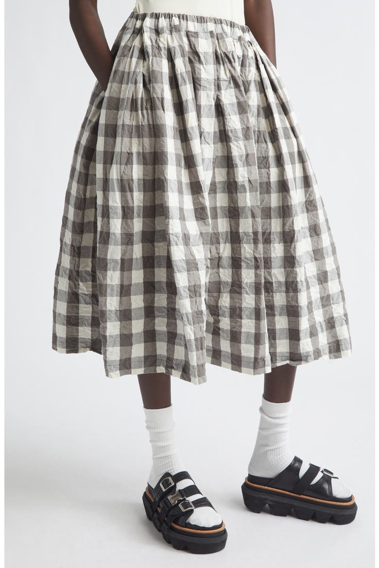 Gingham Crinkled Cotton & Linen Midi Skirt, Alternate, color, GRAY/ WHITE
