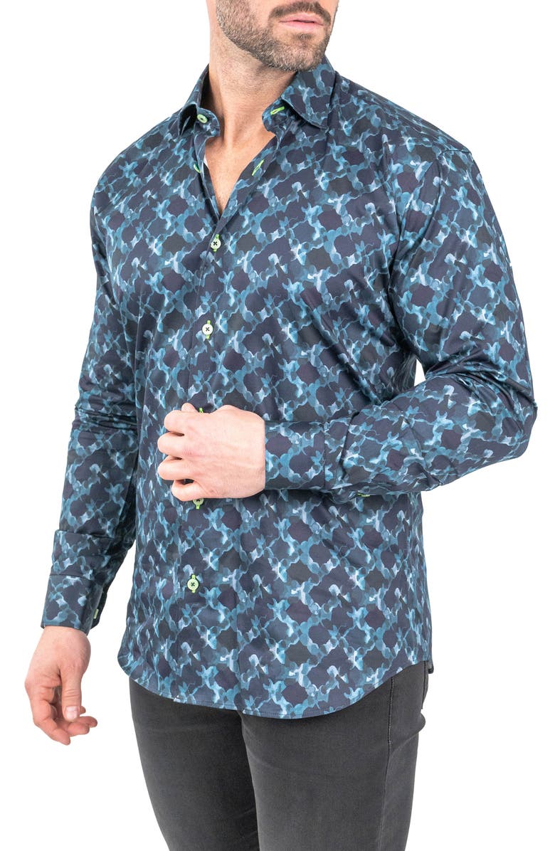 Maceoo Fibonacci Watermarks Navy Contemporary Fit Button-Up Shirt, Alternate, color, Blue