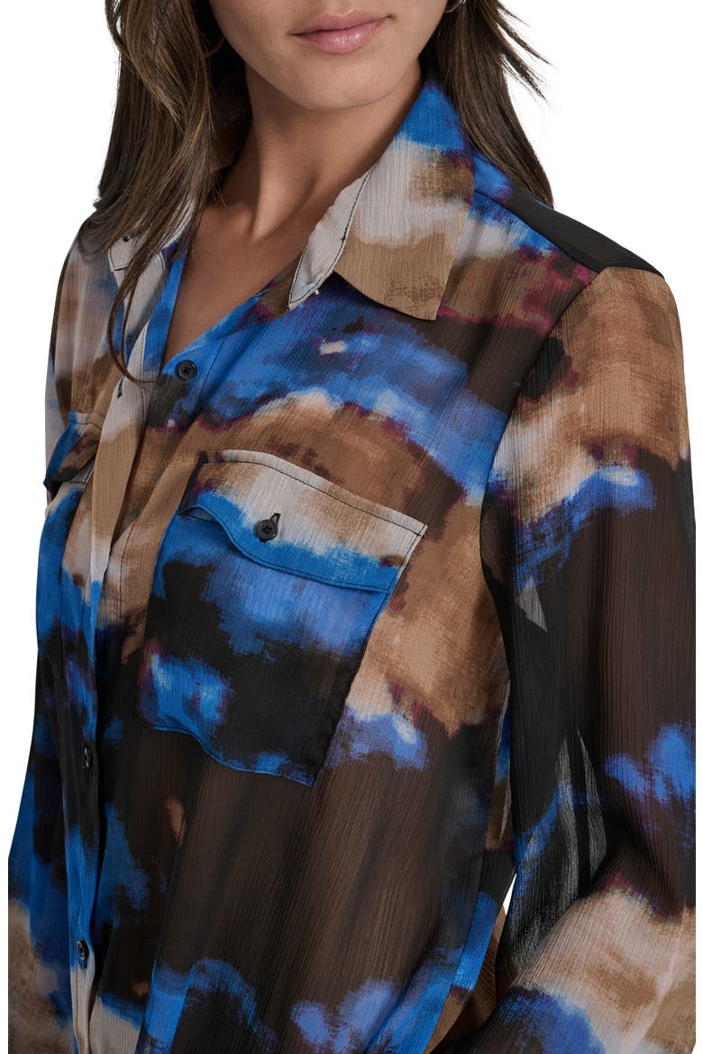 Floral Print Long Sleeve Chiffon Shirt, Alternate, color, CLOUDED INKBLOT