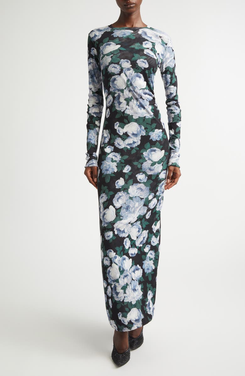 Stella McCartney Bunch of Roses Long Sleeve Mesh Maxi Dress, Main, color, Black Multicolor