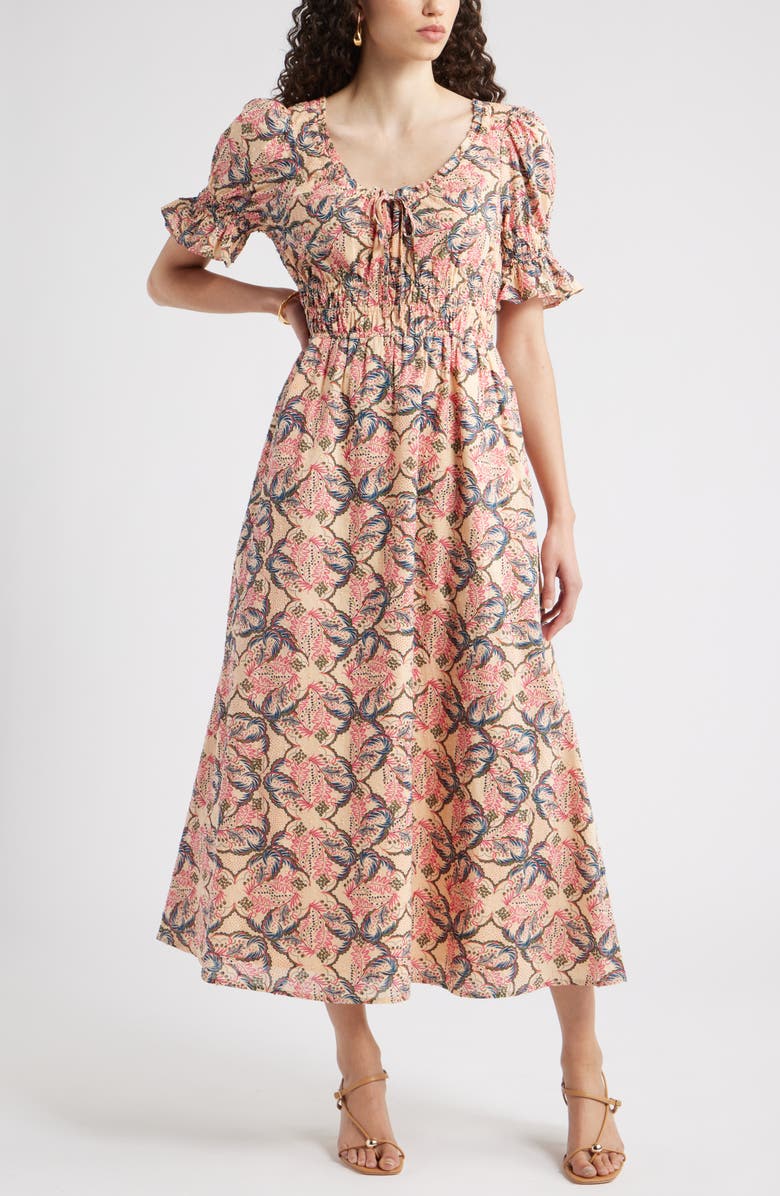 Chelsea28 Smocked Waist Maxi Dress, Main, color, Orange-Navy Foliage Medallion