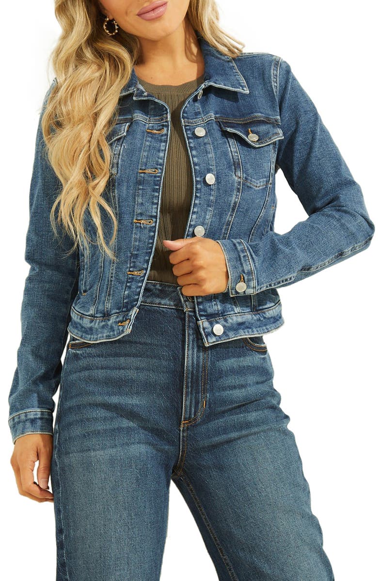 GUESS Sexy Denim Trucker Jacket, Main, color, Blue