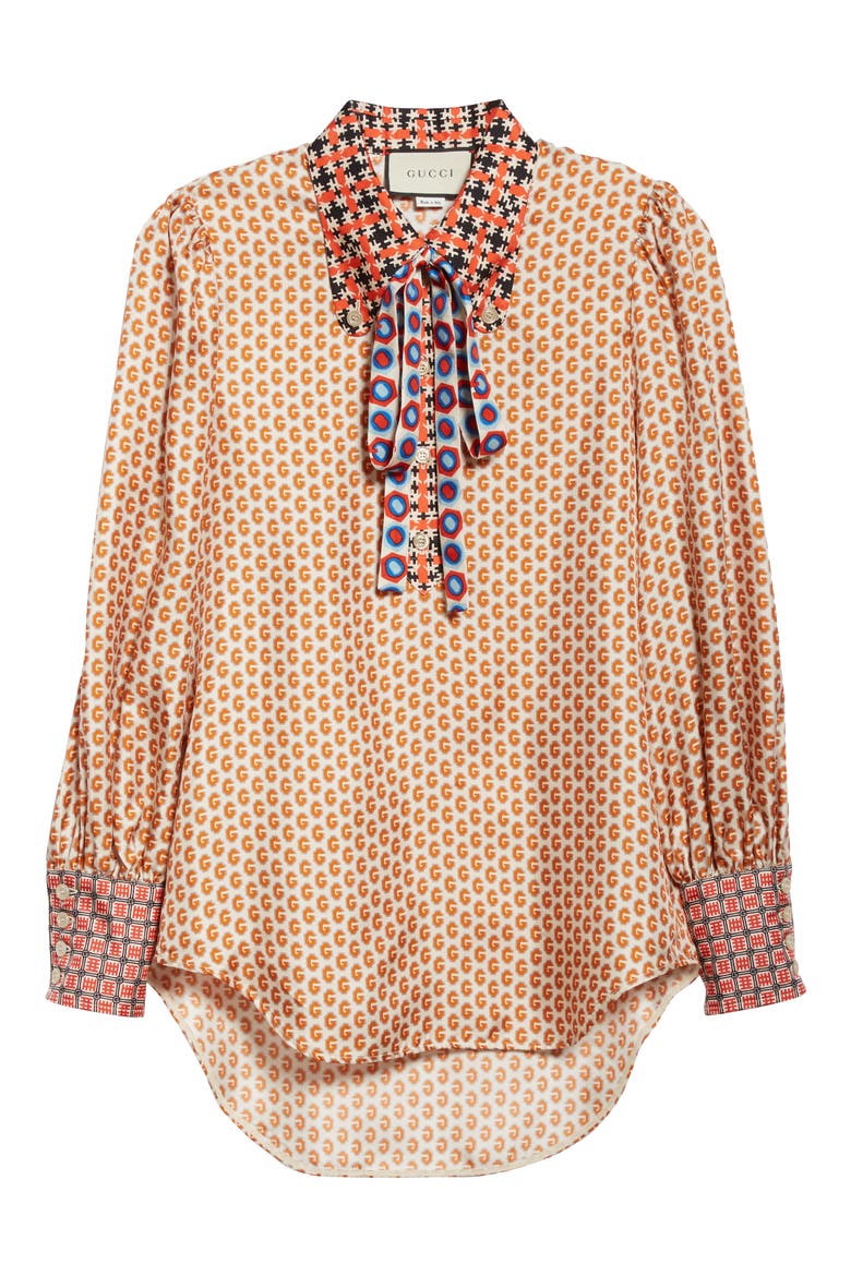 Romain GG Mixed Print Silk Twill Blouse, Main, color, COCONUT POW PRINT/ MIX