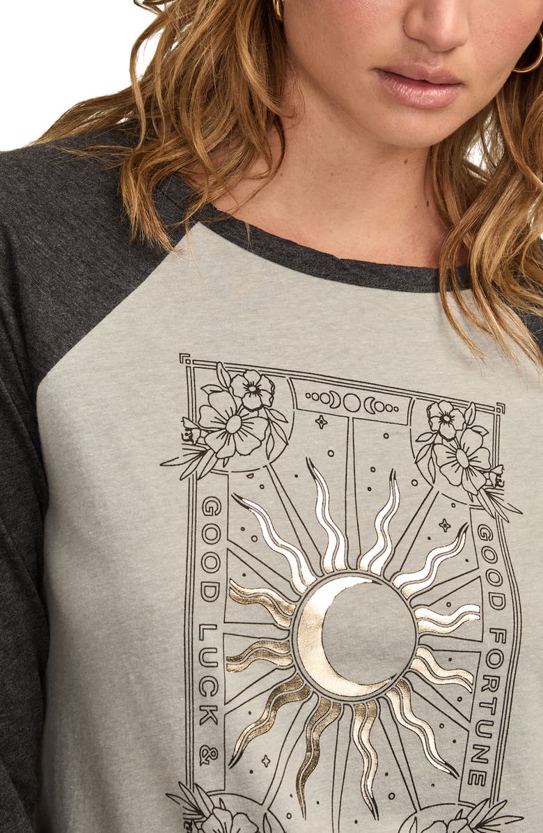 Lucky Brand Good Fortune Sun Poster Raglan Top, Alternate, color, Grey/ Jet Black