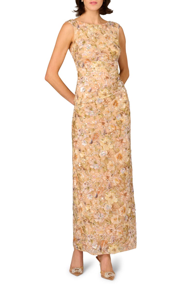 Aidan Mattox Sequin Floral Appliqué Sheath Gown, Main, color,