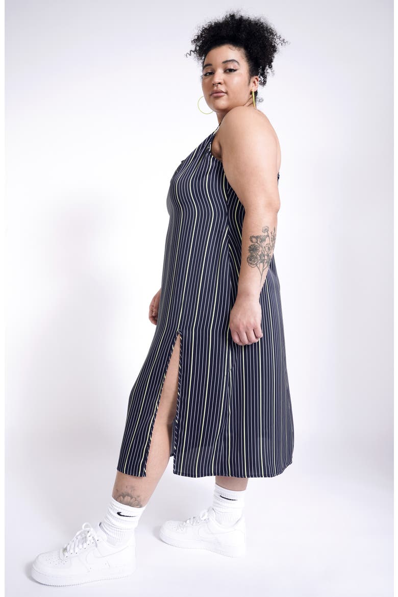 Square Neck Satin Slipdress (Nordstrom Exclusive), Alternate, color, NAVY PINSTRIPE